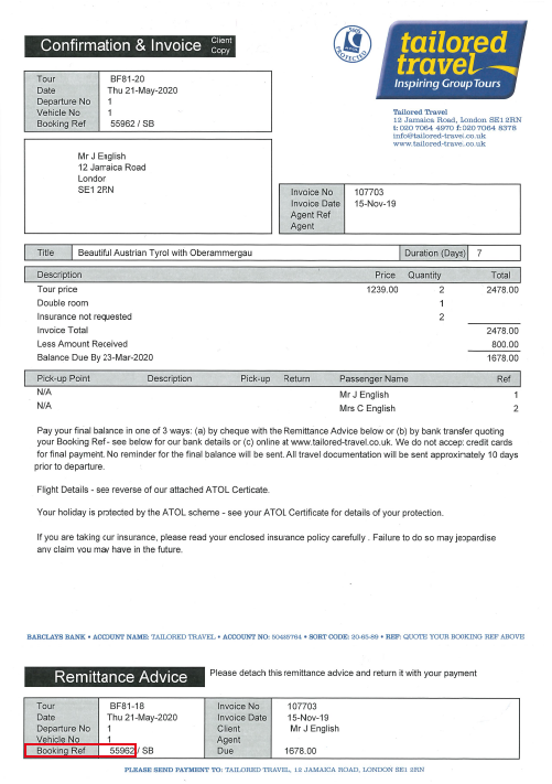 Confirmation and Invoice showing the Booking Ref highlighted in the bottom left corner of the Remittance Advice tear-off