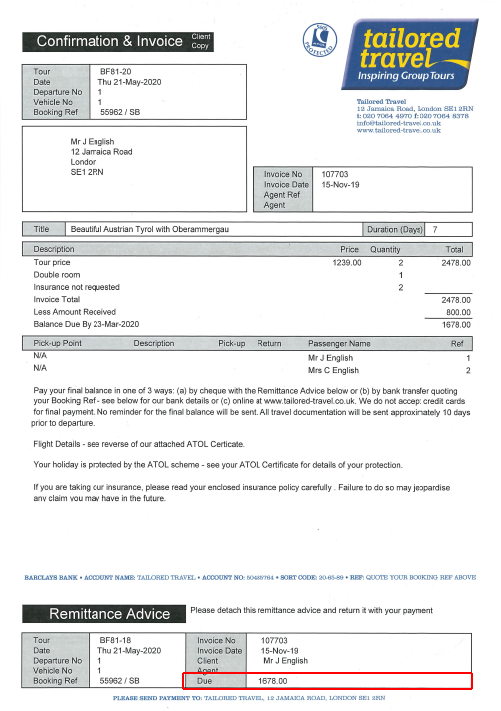 Confirmation and Invoice showing the Payment Amount highlighted in the bottom right corner of the Remittance Advice tear-off