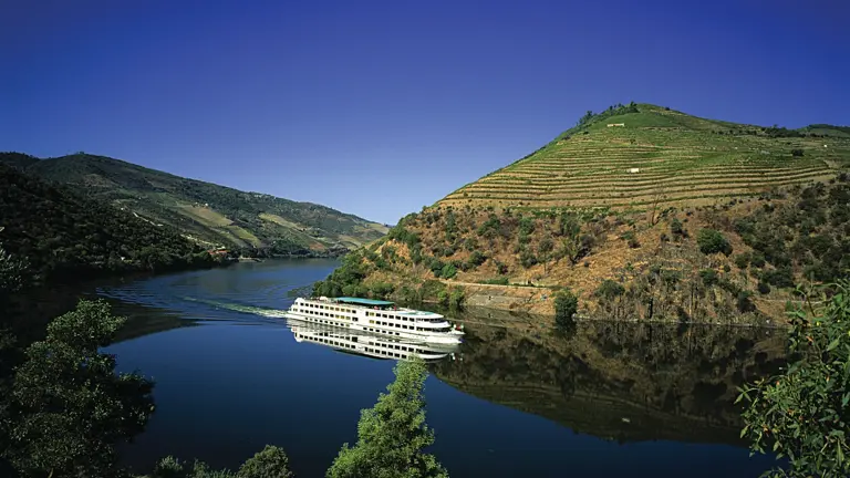 Small white river cruise ship gliding along a calm stretch of the Douro between steep terraced vineyard hillsides