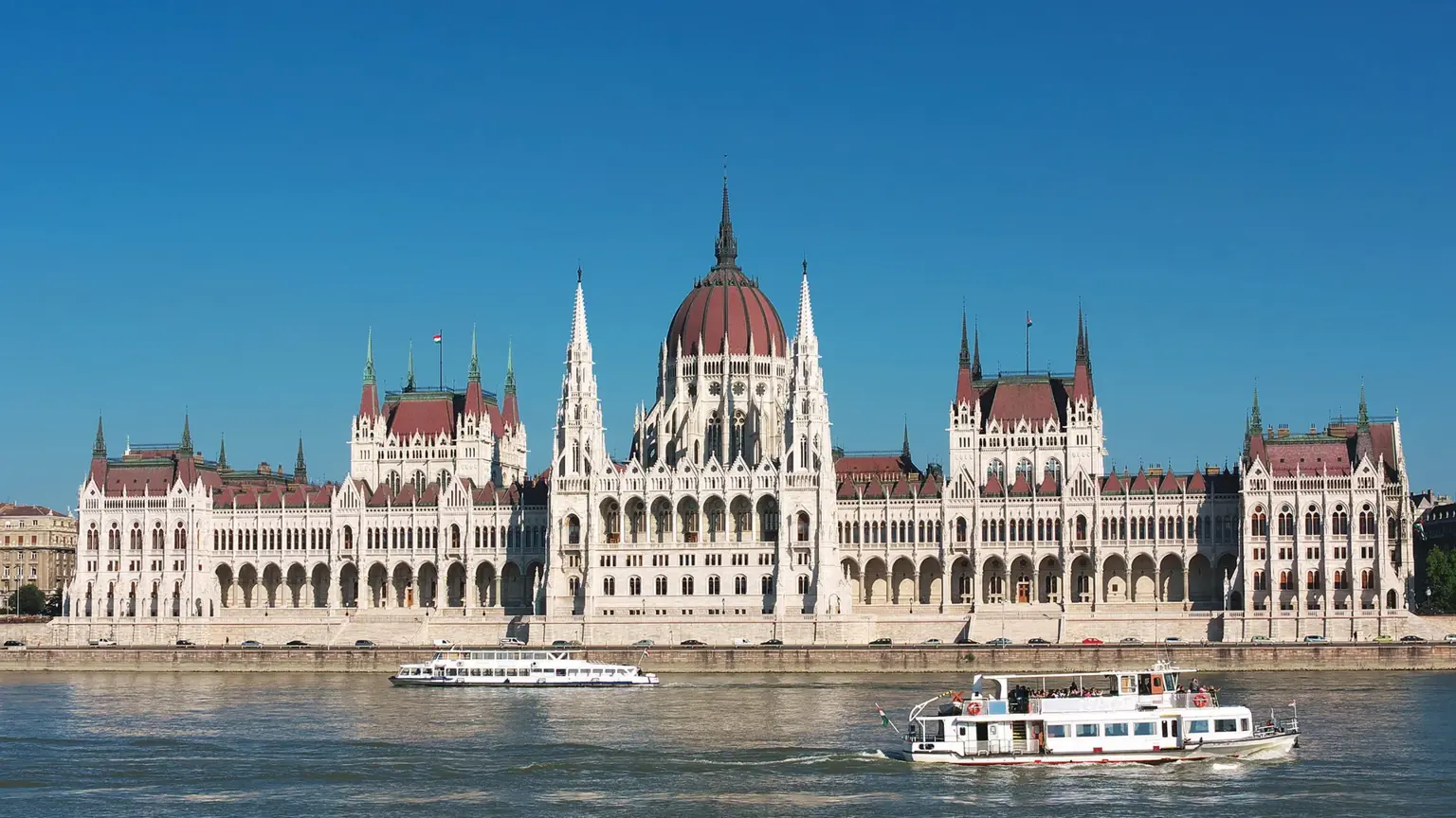 The Hungarian Parliament Building on the Danube, a vast Gothic Revival palace of spires, arches and a central red dome