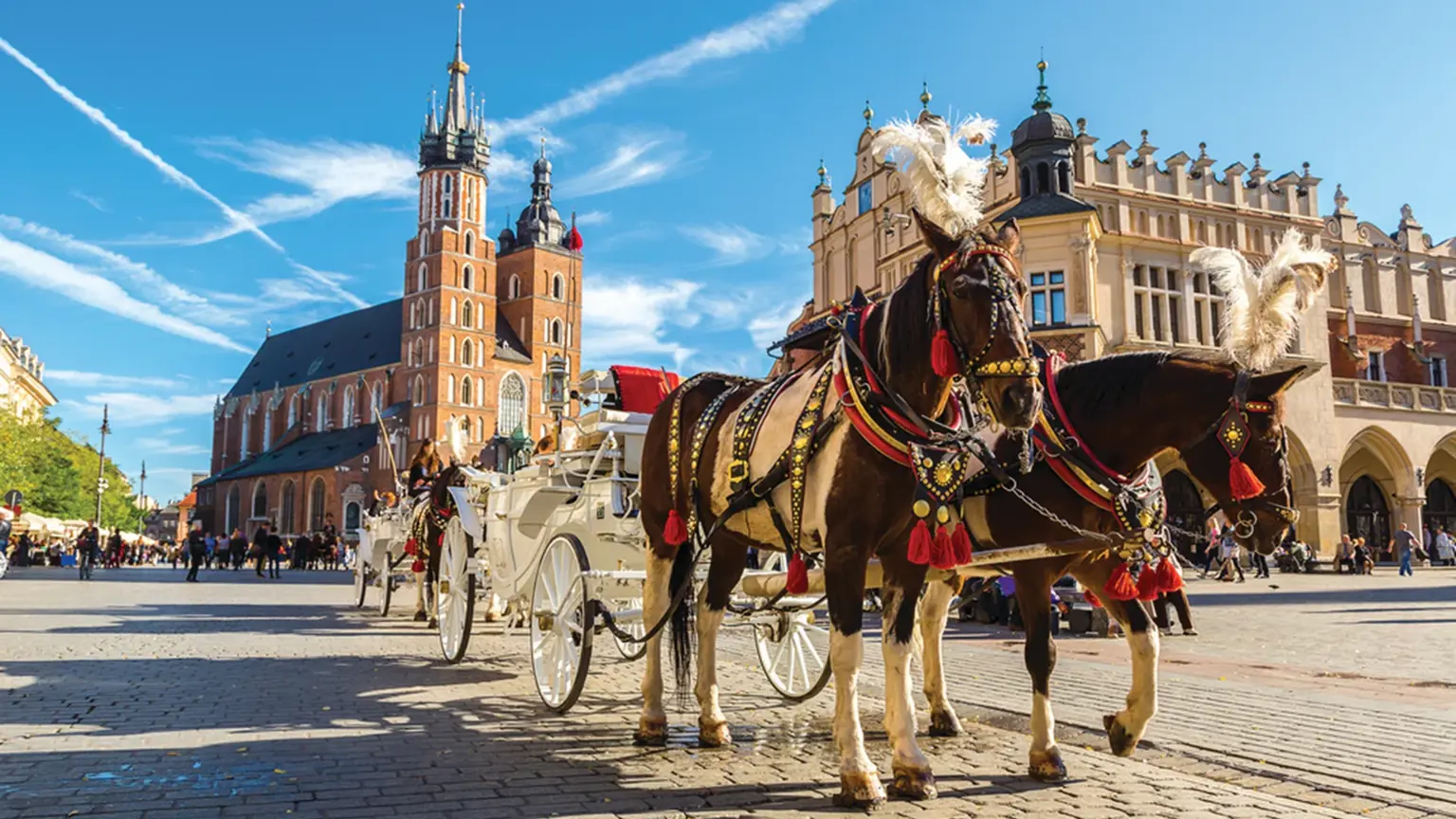 Krakow's Main Market Square with the twin spires of St Mary's Basilica rising above the surrounding townhouses