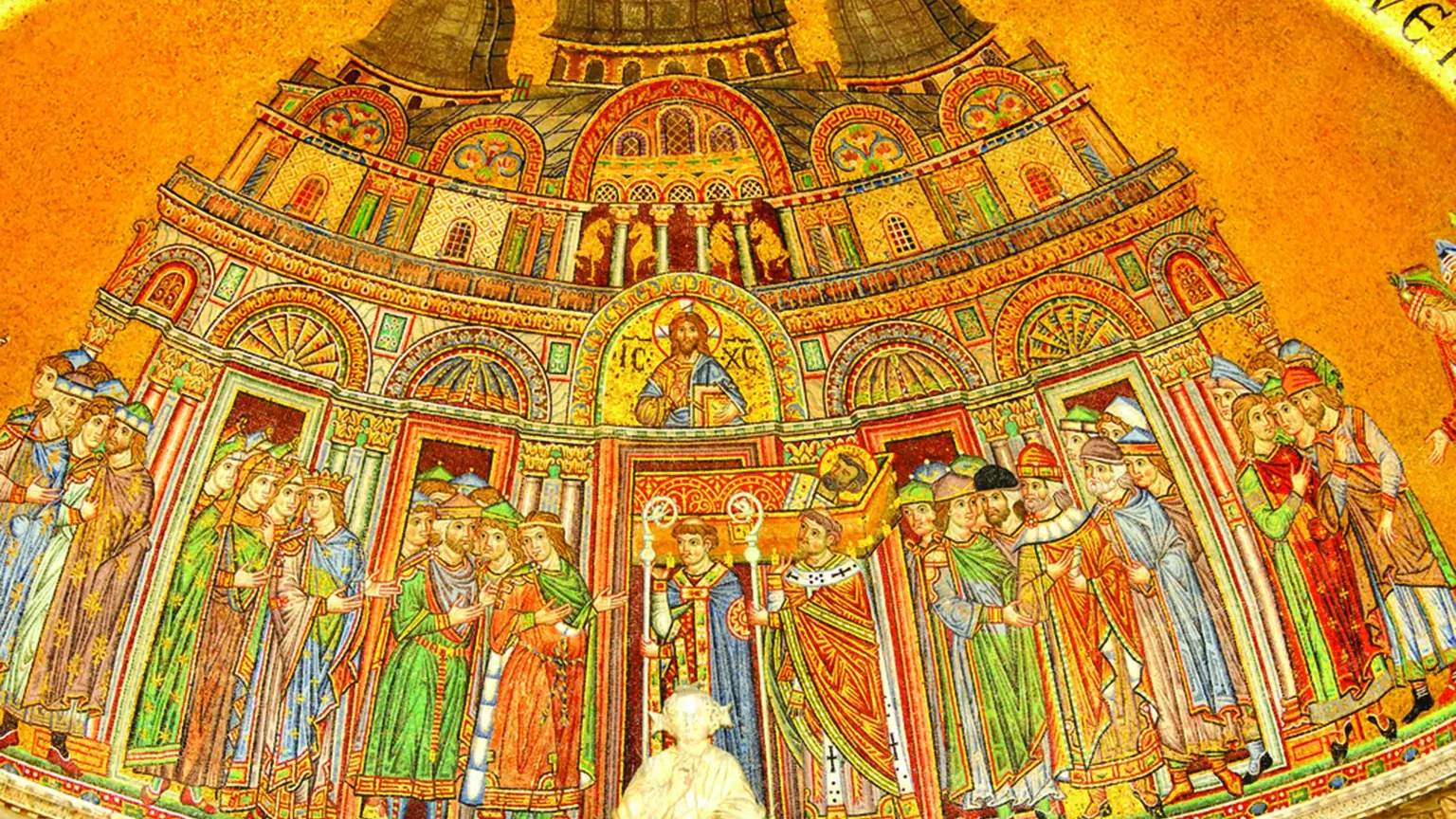 Gold-ground Byzantine mosaics covering the domes and vaults inside St Mark's Basilica in Venice