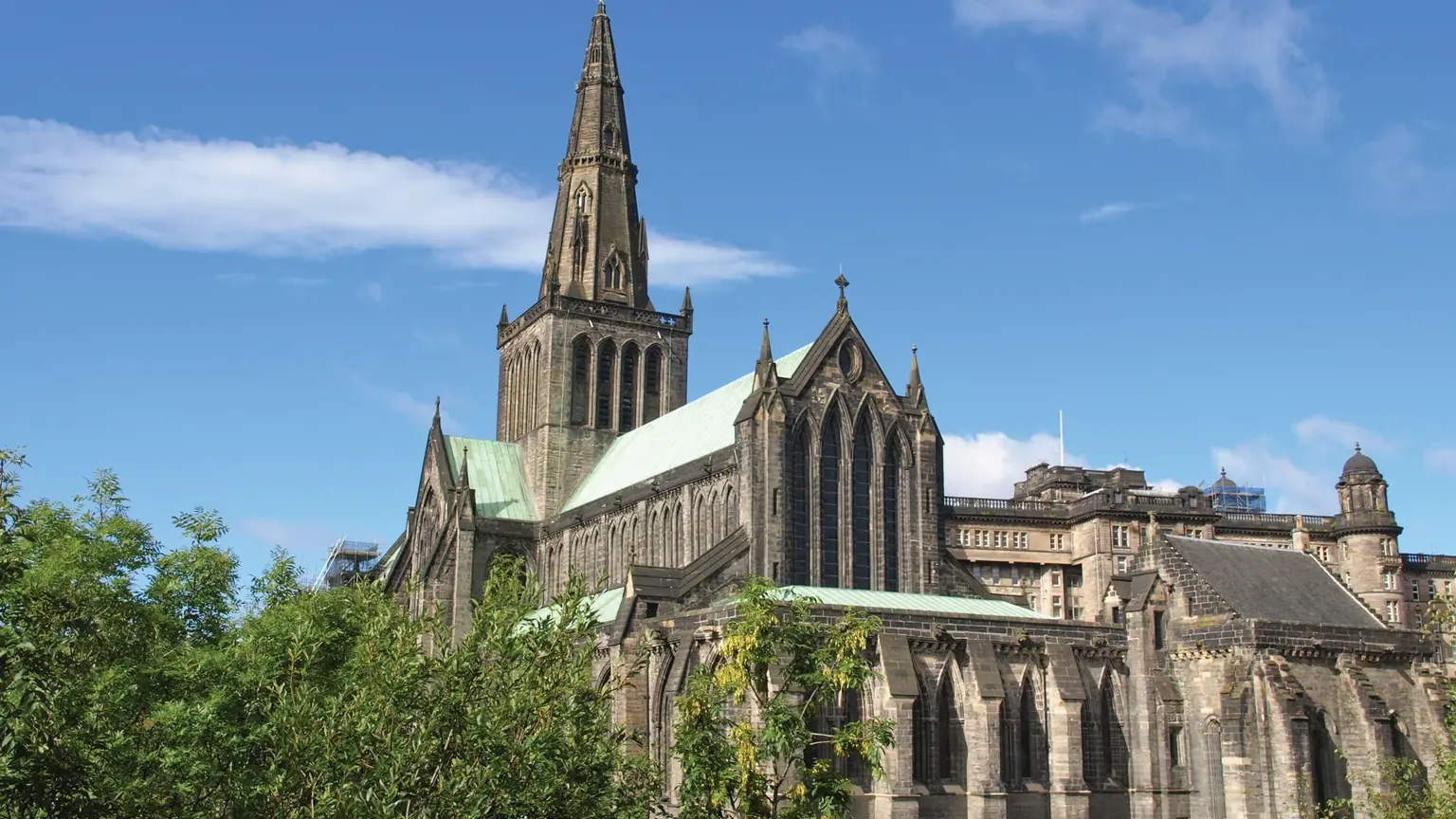 The Gothic facade of Glasgow Cathedral, St Mungo's Cathedral, with its 13th-century stonework, twin towers and pointed-arch west door