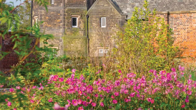 Wide formal gardens with curving paths, ornamental beds, and restored Victorian glasshouses set within a 156-acre walled estate